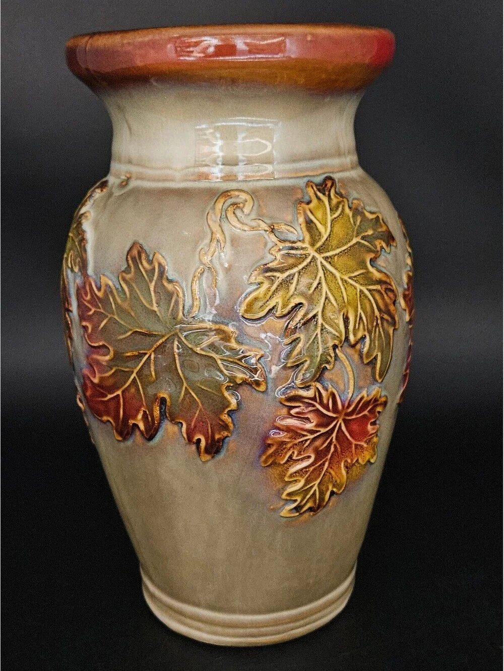 Vintage Ceramic Vase with Raised Autumn Leaves Design